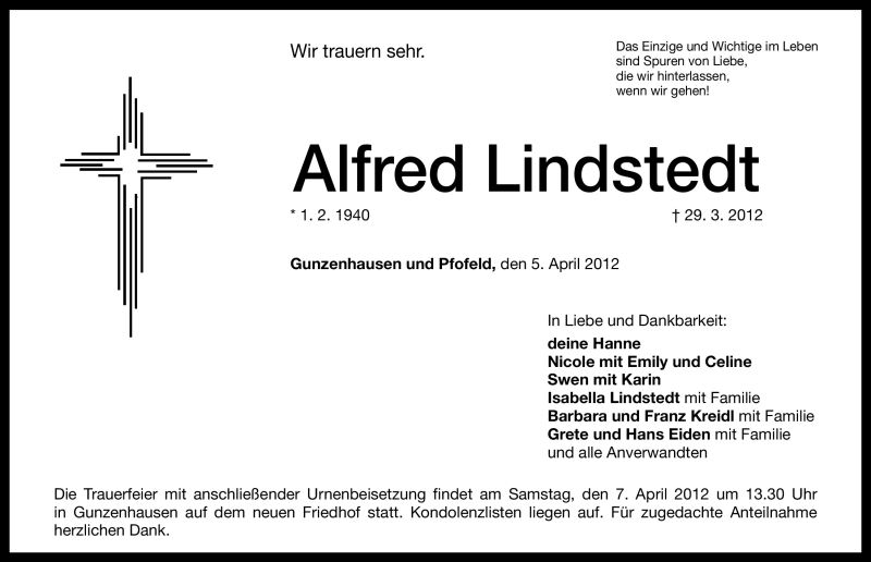  Traueranzeige für Alfred Lindstedt vom 05.04.2012 aus Altmühl-Bote Lokal