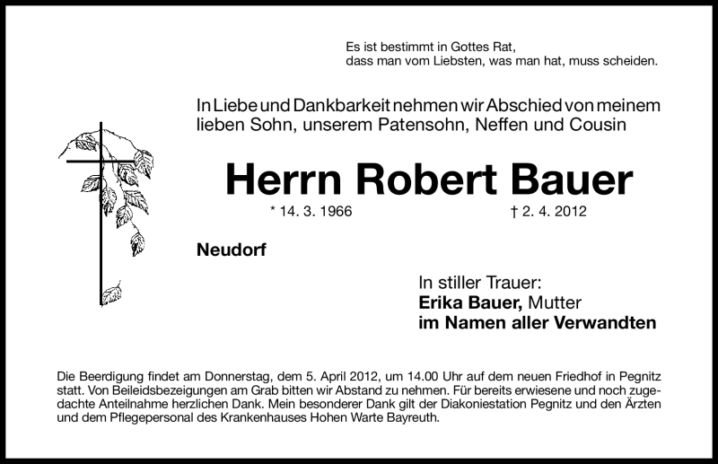  Traueranzeige für Robert Bauer vom 03.04.2012 aus Nordbayerische Nachrichten Pegnitz Lokal