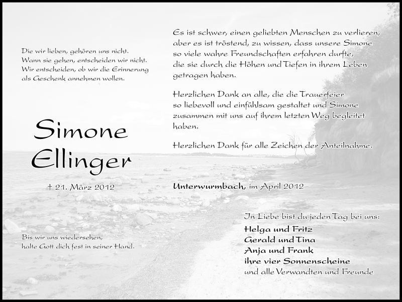  Traueranzeige für Simone Ellinger vom 07.04.2012 aus Altmühl-Bote Lokal
