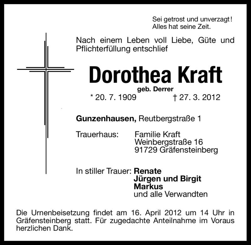  Traueranzeige für Dorothea Kraft vom 14.04.2012 aus Altmühl-Bote Lokal