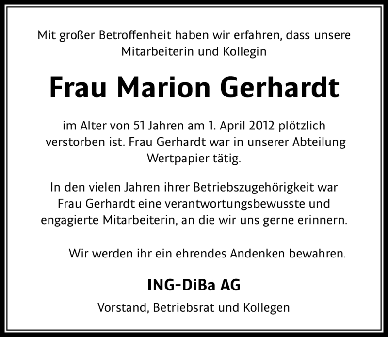  Traueranzeige für Marion Gerhardt vom 07.04.2012 aus Gesamtausgabe Nürnberger Nachrichten/Nürnberger Ztg.