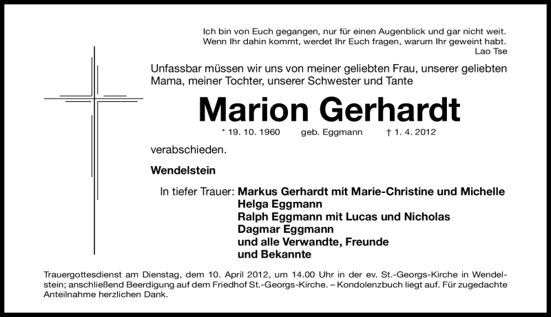  Traueranzeige für Marion Gerhardt vom 10.04.2012 aus Gesamtausgabe Nürnberger Nachrichten/Nürnberger Ztg.