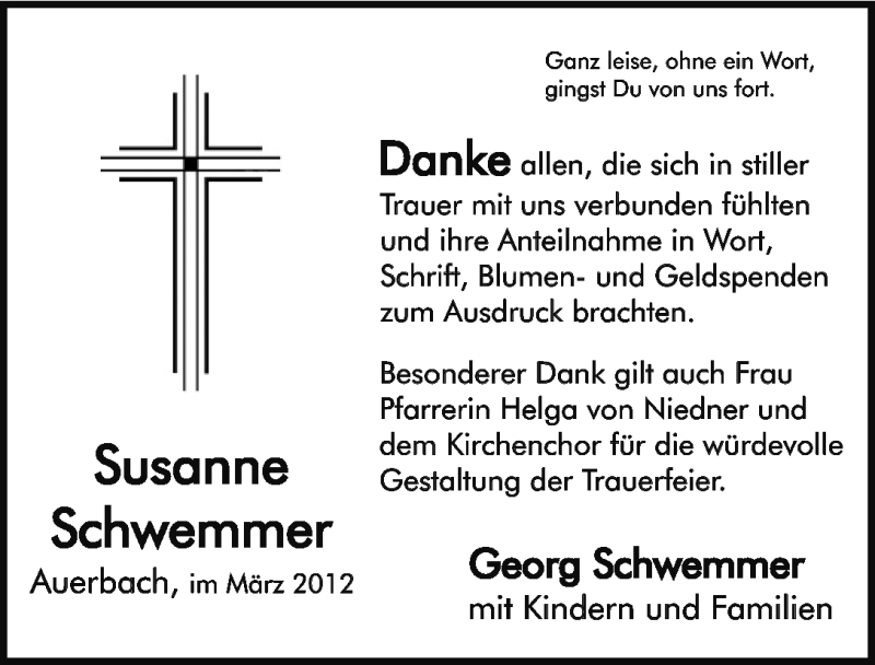  Traueranzeige für Susanne Schwemmer vom 05.04.2012 aus Nordbayerische Nachrichten Pegnitz Lokal