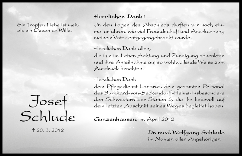  Traueranzeige für Josef Schlude vom 07.04.2012 aus Altmühl-Bote Lokal