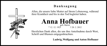 Traueranzeige von Anna Hofbauer von Neumarkter Nachrichten Lokal