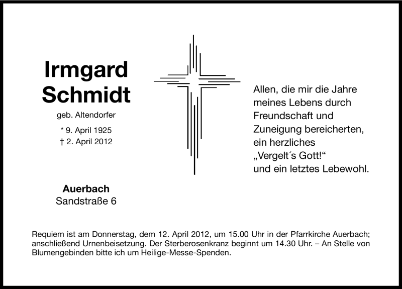  Traueranzeige für Irmgard Schmidt vom 07.04.2012 aus Nordbayerische Nachrichten Pegnitz Lokal