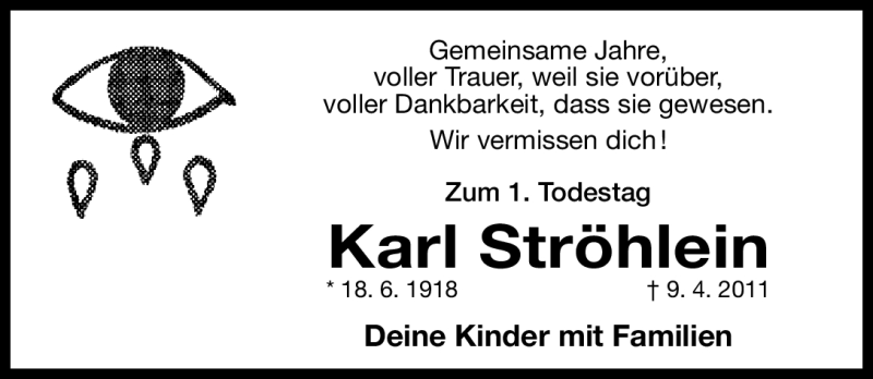  Traueranzeige für Karl Ströhlein vom 10.04.2012 aus Altmühl-Bote Lokal