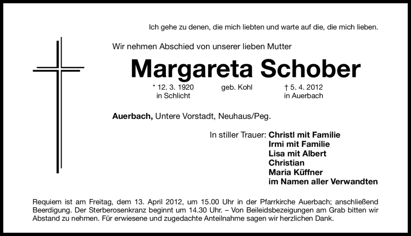 Traueranzeige für Margareta Schober vom 10.04.2012 aus Nordbayerische Nachrichten Pegnitz Lokal