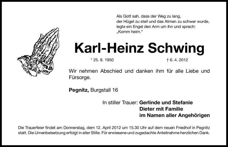  Traueranzeige für Karl-Heinz Schwing vom 10.04.2012 aus Nordbayerische Nachrichten Pegnitz Lokal