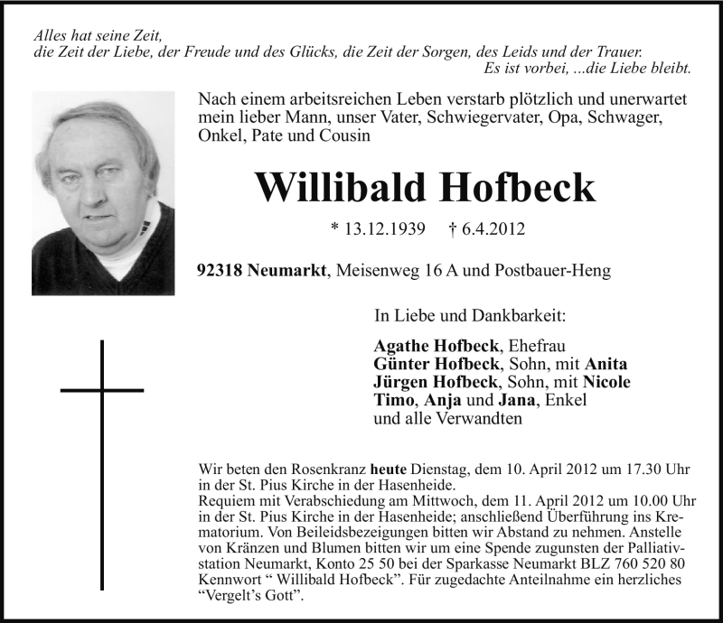  Traueranzeige für Willibald Hofbeck vom 10.04.2012 aus Neumarkter Nachrichten Lokal