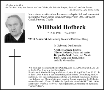 Traueranzeige von Willibald Hofbeck von Neumarkter Nachrichten Lokal