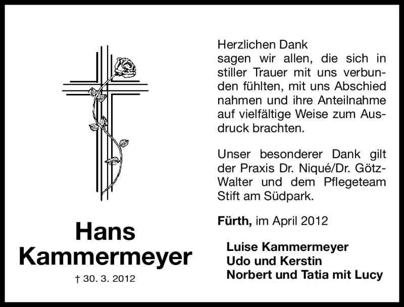  Traueranzeige für Hans Kammermeyer vom 14.04.2012 aus Fürther Nachrichten Lokal