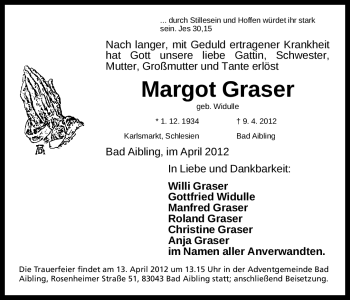 Traueranzeige von Margot Graser von Erlanger Nachrichten Lokal