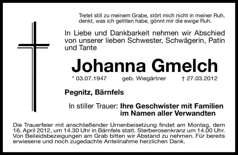  Traueranzeige für Johanna Gmelch vom 12.04.2012 aus Nordbayerische Nachrichten Forchheim Lokal