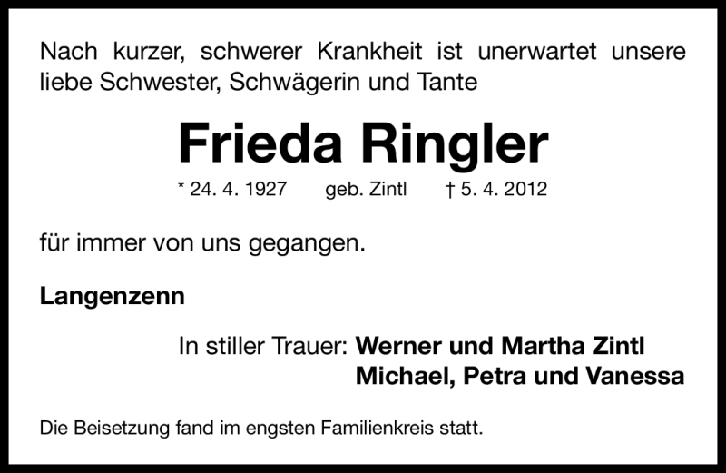  Traueranzeige für Frieda Ringler vom 17.04.2012 aus Fürther Nachrichten Lokal