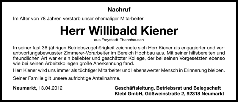  Traueranzeige für Willibald Kiener vom 13.04.2012 aus Neumarkter Nachrichten Lokal