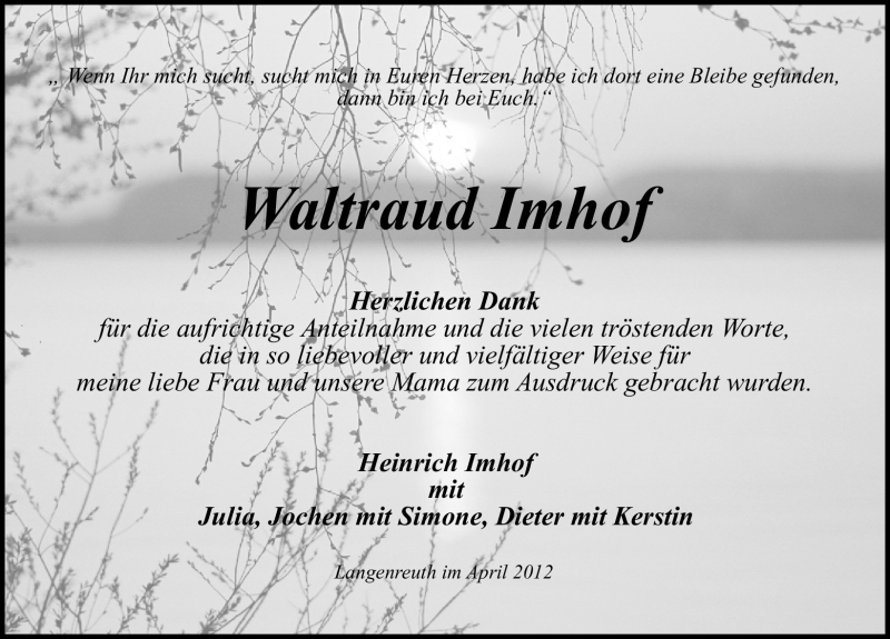 Traueranzeige für Waltraud Imhof vom 13.04.2012 aus Nordbayerische Nachrichten Pegnitz Lokal