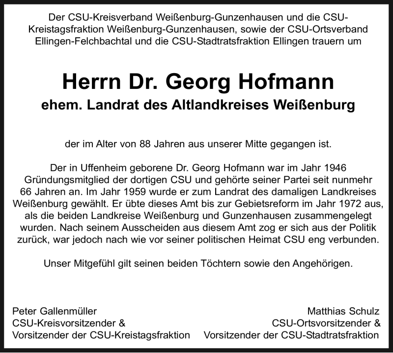  Traueranzeige für Georg Hofmann vom 13.04.2012 aus Altmühl-Bote Lokal
