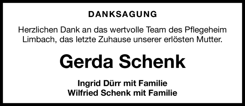  Traueranzeige für Gerda Schenk vom 14.04.2012 aus Gesamtausgabe Nürnberger Nachrichten/Nürnberger Ztg.