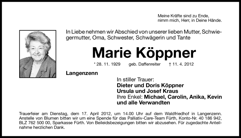  Traueranzeige für Marie Köppner vom 14.04.2012 aus Fürther Nachrichten Lokal