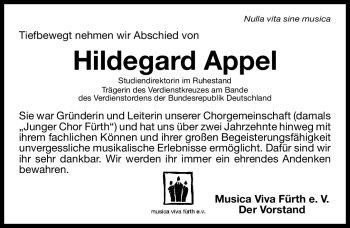 Traueranzeige von Hildegard Appel von Fürther Nachrichten Lokal