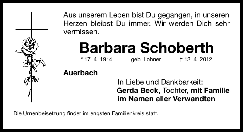  Traueranzeige für Barbara Schoberth vom 16.04.2012 aus Nordbayerische Nachrichten Pegnitz Lokal