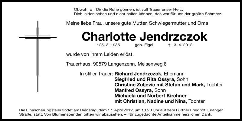  Traueranzeige für Charlotte Jendrzczok vom 16.04.2012 aus Fürther Nachrichten Lokal
