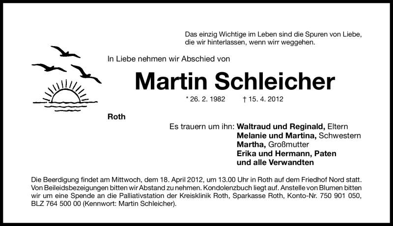  Traueranzeige für Martin Schleicher vom 17.04.2012 aus Roth-Hilpoltsteiner Volkszeitung Lokal