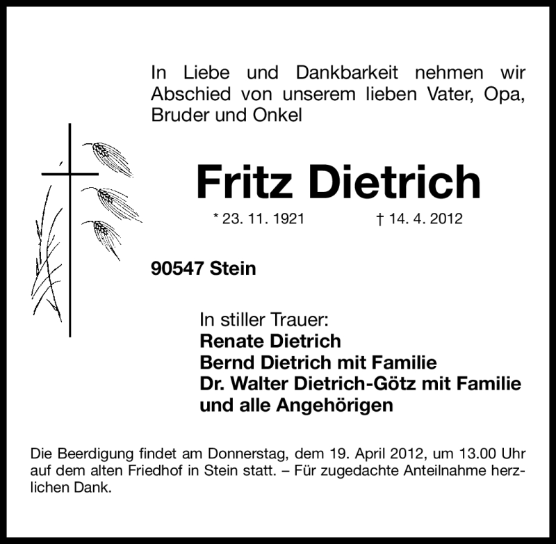  Traueranzeige für Fritz Dietrich vom 17.04.2012 aus Gesamtausgabe Nürnberger Nachrichten/Nürnberger Ztg.