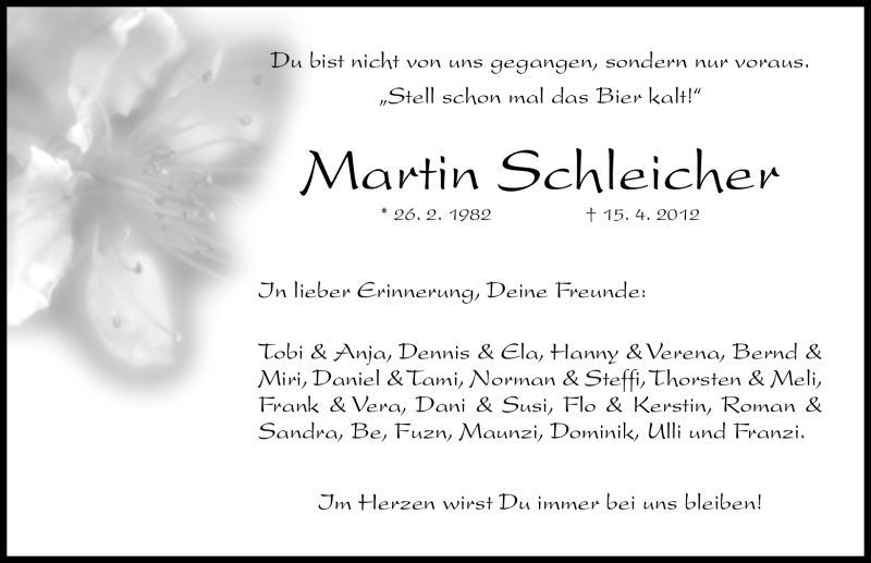  Traueranzeige für Martin Schleicher vom 18.04.2012 aus Roth-Hilpoltsteiner Volkszeitung Lokal