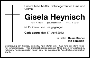 Traueranzeige von Gisela Heynisch von Fürther Nachrichten Lokal
