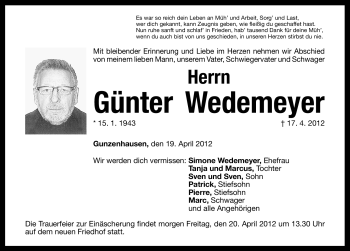 Traueranzeige von Günter Wedemayer von Altmühl-Bote Lokal