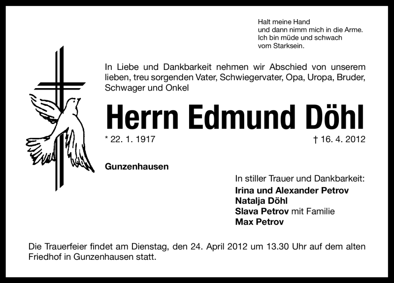  Traueranzeige für Edmund Döhl vom 21.04.2012 aus Altmühl-Bote Lokal