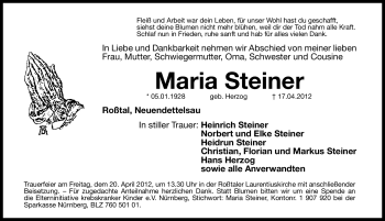 Traueranzeige von Maria Steiner von Fürther Nachrichten Lokal