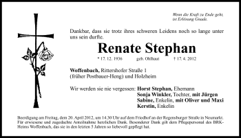 Traueranzeige von Renate Stephan von Neumarkter Nachrichten Lokal