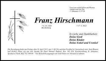 Traueranzeige von Franz Hirschmann von Fürther Nachrichten Lokal