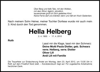 Traueranzeige von Hella Helberg von Roth-Hilpoltsteiner Volkszeitung Lokal