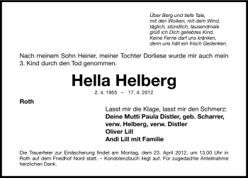 Traueranzeige von Hella Helberg von Roth-Hilpoltsteiner Volkszeitung Lokal