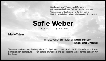 Traueranzeige von Sofie Weber von Erlanger Nachrichten Lokal