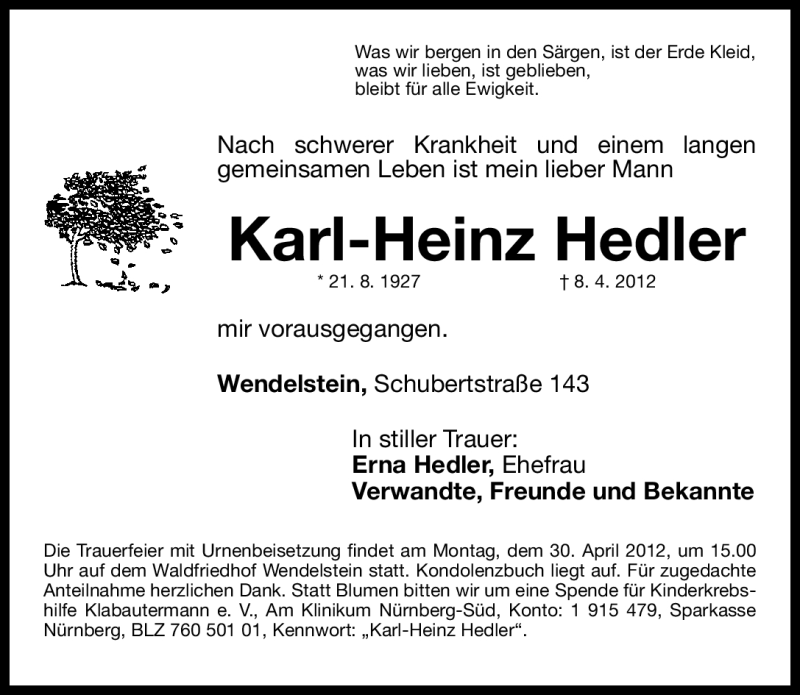  Traueranzeige für Karl-Heinz Hedler vom 25.04.2012 aus Gesamtausgabe Nürnberger Nachrichten/Nürnberger Ztg.