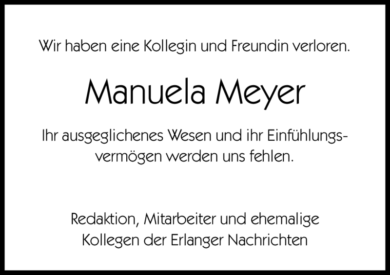  Traueranzeige für Manuela Meyer vom 20.04.2012 aus Erlanger Nachrichten Lokal