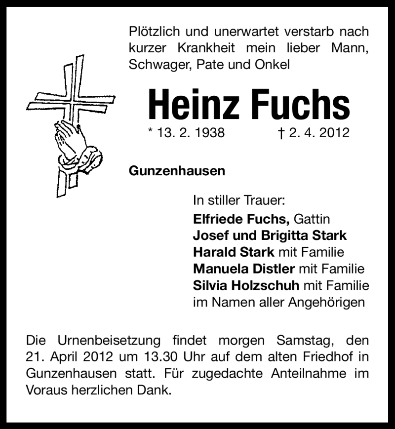  Traueranzeige für Heinz Fuchs vom 20.04.2012 aus Altmühl-Bote Lokal