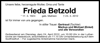 Traueranzeige von Frieda Betzold von Gesamtausgabe Nürnberger Nachrichten/Nürnberger Ztg.