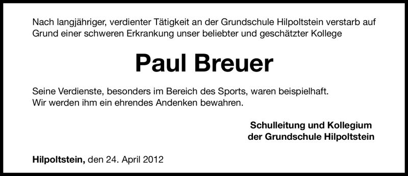  Traueranzeige für Paul Breuer vom 24.04.2012 aus Roth-Hilpoltsteiner Volkszeitung Lokal