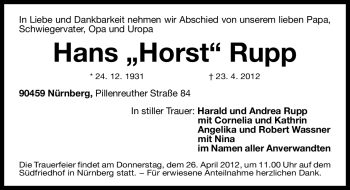 Traueranzeige von Hans Rupp von Gesamtausgabe Nürnberger Nachrichten/Nürnberger Ztg.
