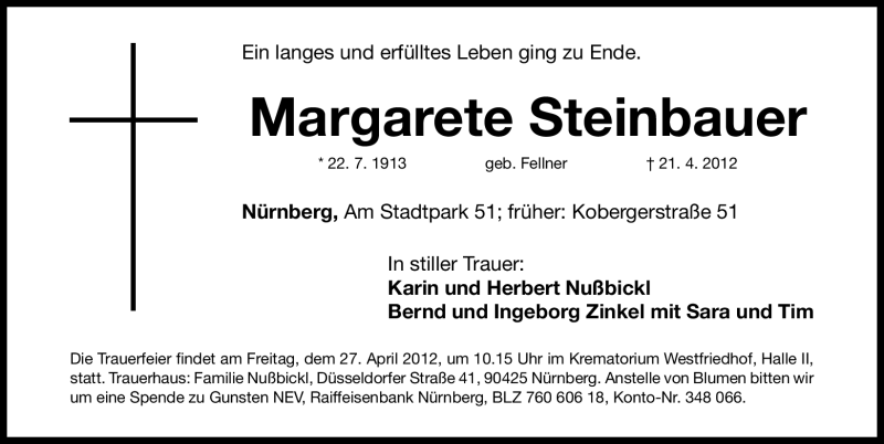  Traueranzeige für Margarete Steinbauer vom 25.04.2012 aus Gesamtausgabe Nürnberger Nachrichten/Nürnberger Ztg.