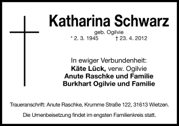 Traueranzeige von Katharina Schwarz von Gesamtausgabe Nürnberger Nachrichten/Nürnberger Ztg.