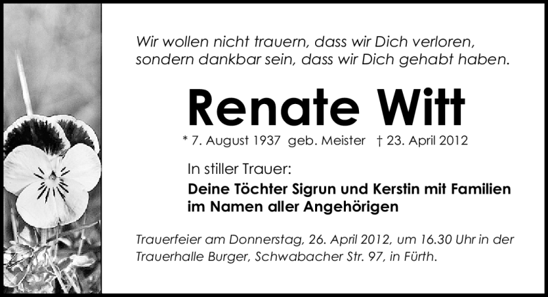 Traueranzeigen Von Renate Witt | Trauer.nn.de