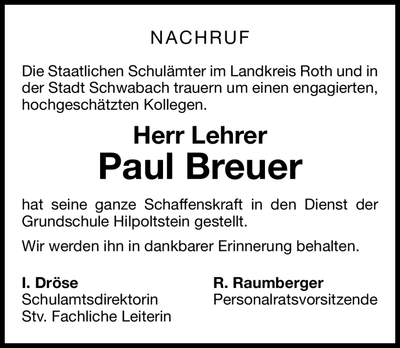  Traueranzeige für Paul Breuer vom 25.04.2012 aus Roth-Hilpoltsteiner Volkszeitung Lokal