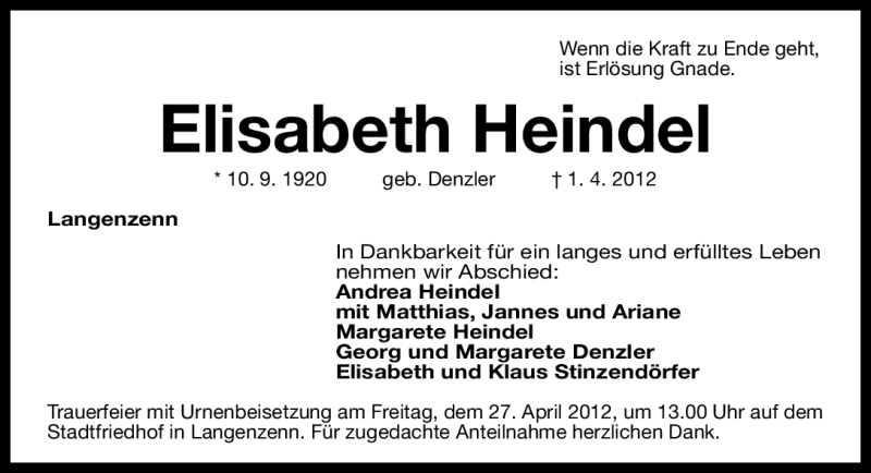  Traueranzeige für Elisabeth Heindel vom 25.04.2012 aus Fürther Nachrichten Lokal